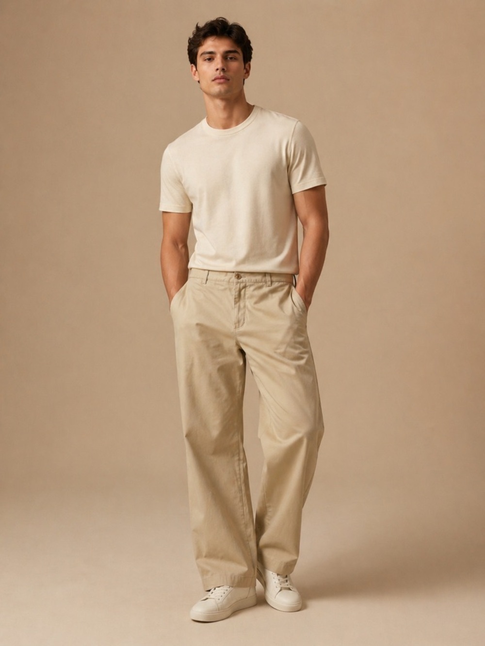 Chaps Cream and Navy Waistband Label Detail